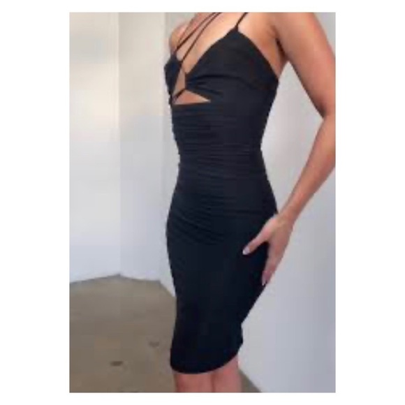 LEAU Seoul Strap Cutout Mesh Bodycon Midi Dress Brown Small NWT Sexy - Picture 2 of 11